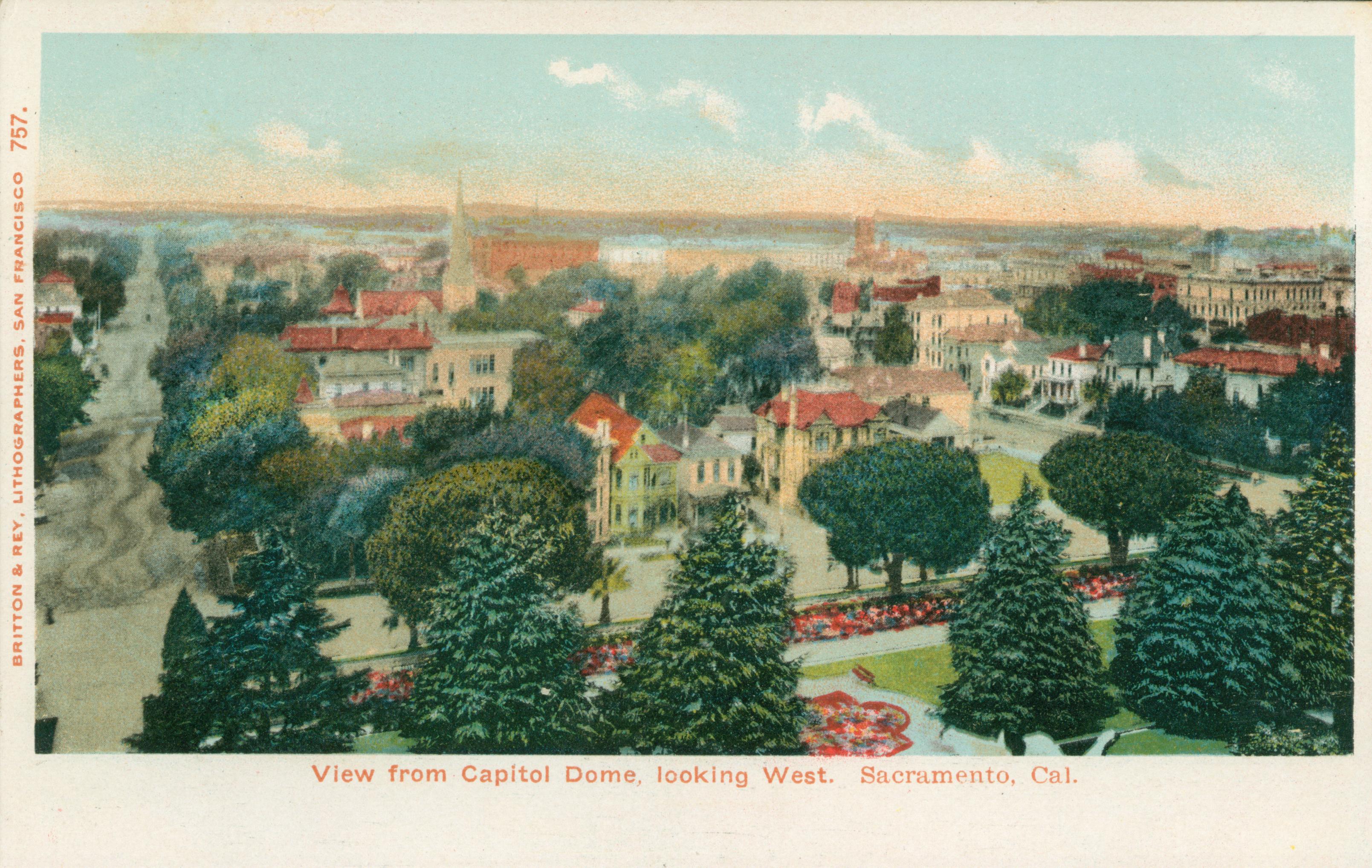 This postcard shows a bird's eye view of Sacramento.